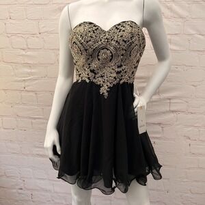 Babyonline Teen's Gold Lace Applique Short Mini Black Dresses Size 4